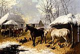 John Frederick Herring, Jnr Canvas Paintings - A Farmyard Scene In Winter